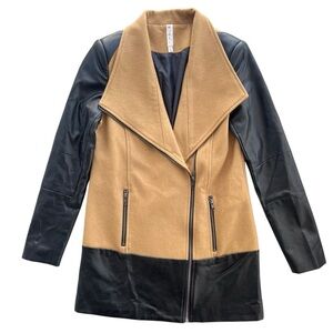 Mural Women’s Sz XS Black Faux Leather Tan Wool Asymmetrical Zip Jacket Overcoat